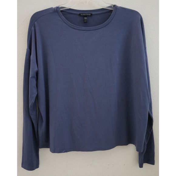 Eileen Fisher Women's Sz XS Twilight Blue Crew Neck L/S Boxy Short Top $138 - Picture 1 of 6